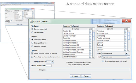 A standard data export screen