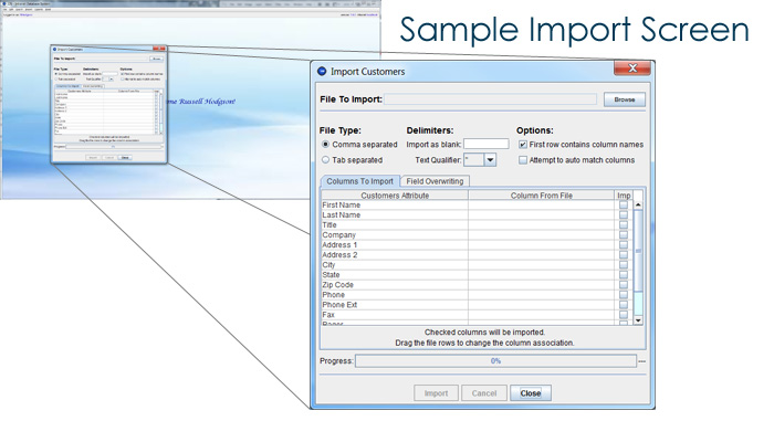 A sample data import screen